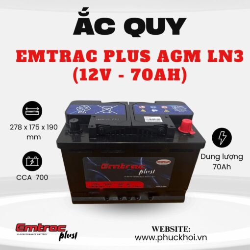 Ắc quy Emtrac Plus AGM LN3 (12V - 70Ah)